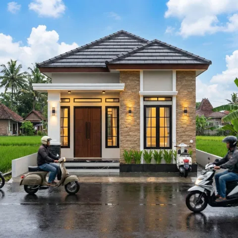 Fasad rumah dengan satu bidang aksen batu yang terlihat seimbang dengan cat dinding dan elemen lainnya.