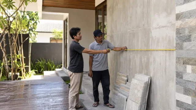 Dua orang mengukur dinding sebelum menghitung kebutuhan batu alam per meter persegi