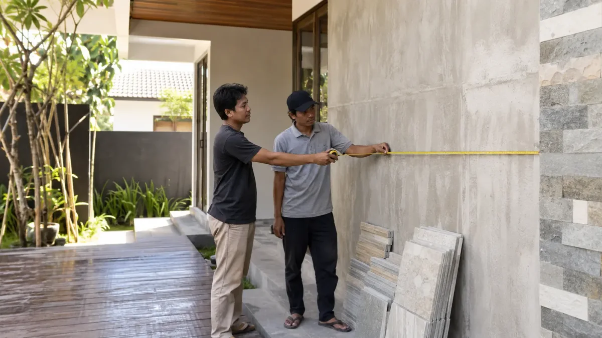 Dua orang mengukur dinding sebelum menghitung kebutuhan batu alam per meter persegi