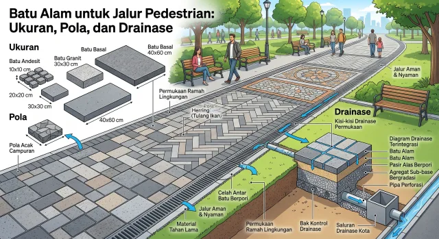 Batu Alam untuk Jalur Pedestrian: Ukuran, Pola, dan Drainase