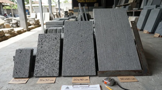 Varian ukuran standar batu andesit bakar 10x20 15x30 20x40 dan 30x60 cm untuk dinding fasad dan lantai carport