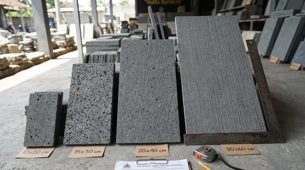 Varian ukuran standar batu andesit bakar 10x20 15x30 20x40 dan 30x60 cm untuk dinding fasad dan lantai carport