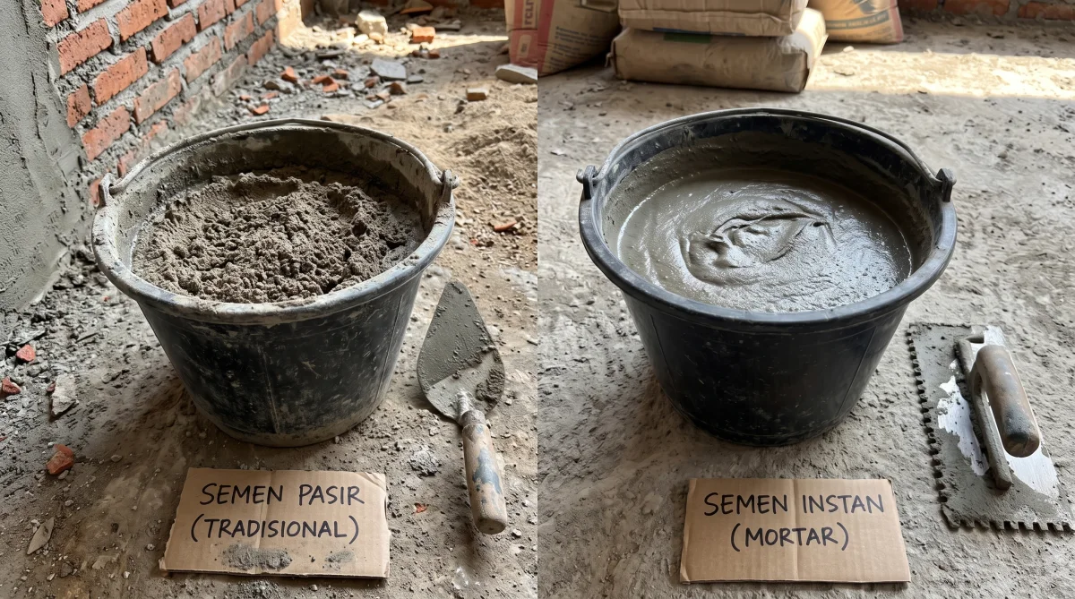 Perbandingan adukan semen pasir konvensional dan semen mortar instan polimer untuk perekat batu alam dinding