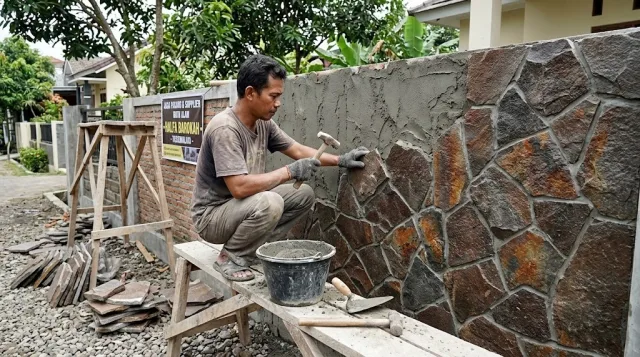 Teknik pemasangan batu templek acak crazy cut pada dinding pagar rumah agar sambungan nat rapat dan rapi