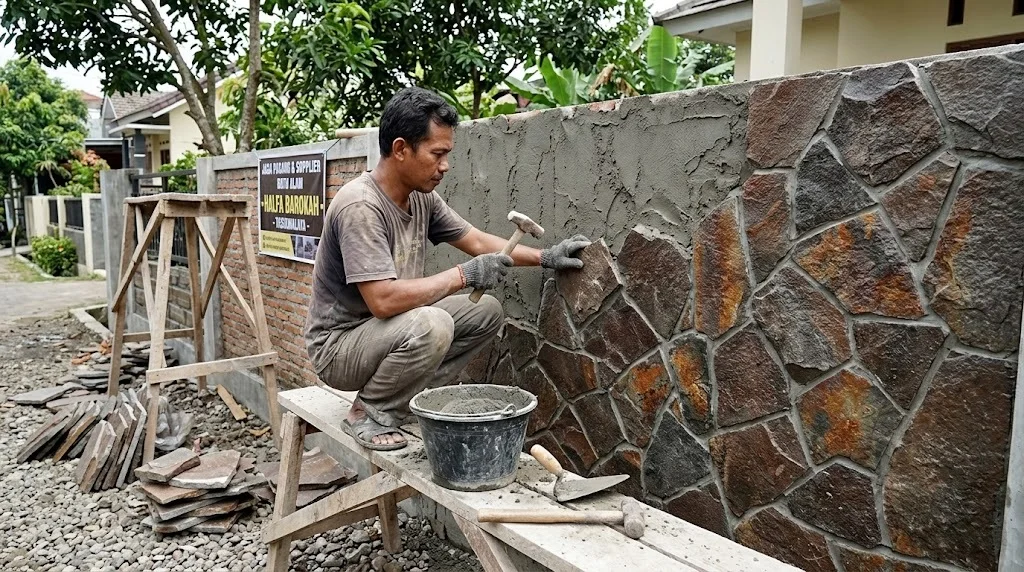 Teknik pemasangan batu templek acak crazy cut pada dinding pagar rumah agar sambungan nat rapat dan rapi