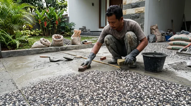 Tukang spesialis batu alam Tasikmalaya sedang memasang batu andesit bakar dengan benang lot presisi pada dinding eksterior rumah