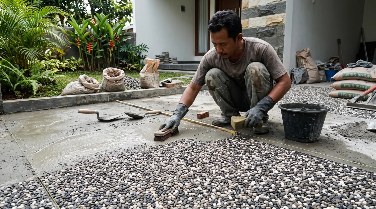 Tukang spesialis batu alam Tasikmalaya sedang memasang batu andesit bakar dengan benang lot presisi pada dinding eksterior rumah