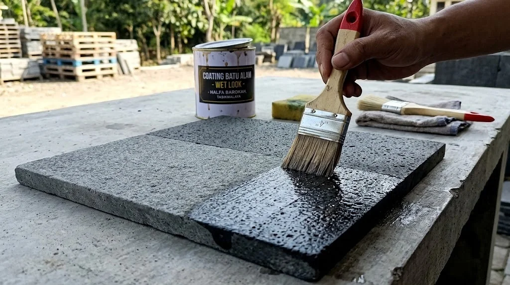 Perbandingan hasil akhir aplikasi coating batu alam wet look mengkilap dan doff natural pada batu candi dan andesit