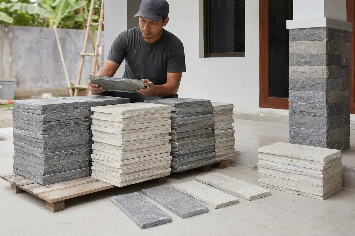 Memeriksa batu alam dan menyiapkan cadangan material sebelum pemasangan