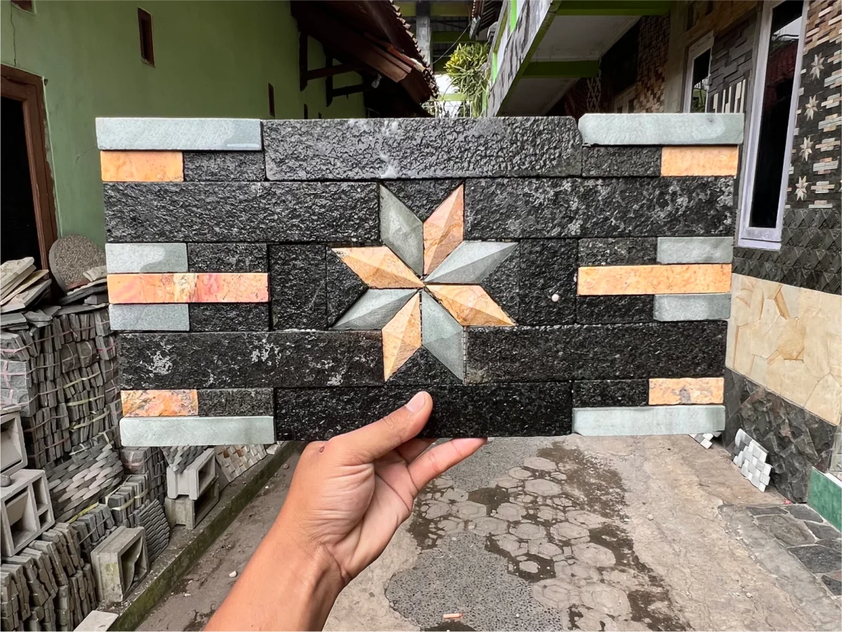Mozaik Mix Marmer Motif Bintang 3D untuk fasad, pagar, pilar, dan dinding aksen rumah.