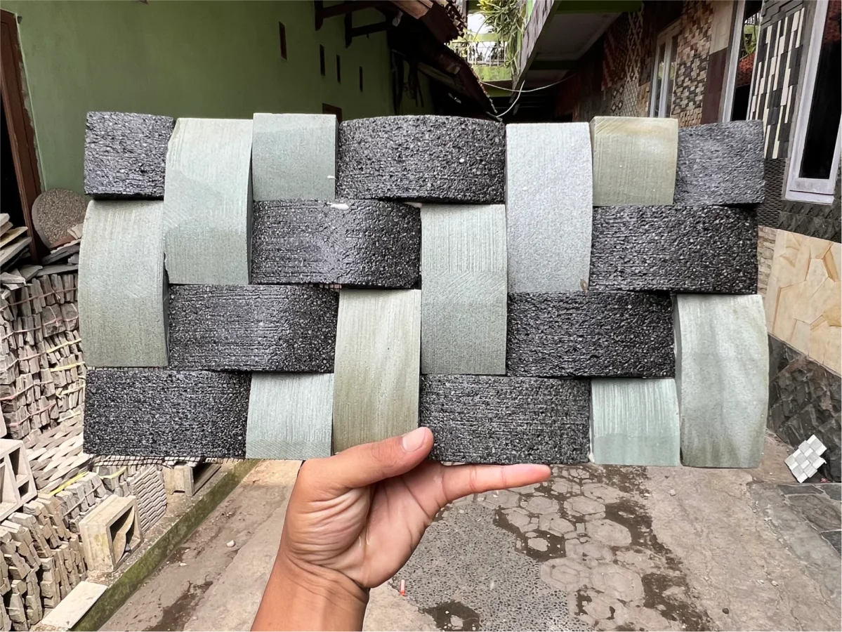 Mozaik Candi Hijau Anyaman 3D untuk fasad, pagar, pilar, dan dinding aksen rumah.